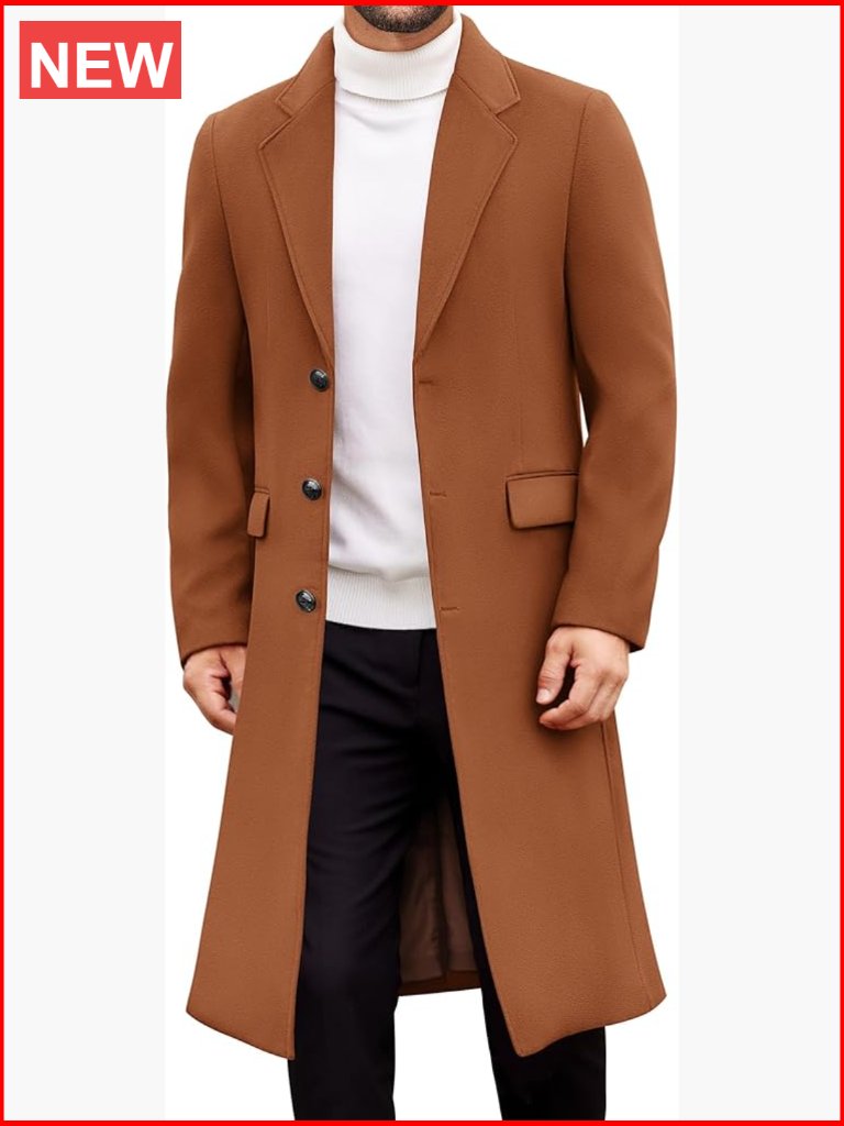 Men's Long Trench Coat Single Breasted Overcoat Notched Collar Wool Blend Pea